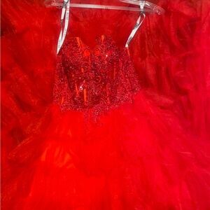 Blush Red Sequin Appliqué Tulle Prom Dress